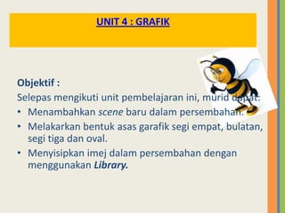 Objektif :
Selepas mengikuti unit pembelajaran ini, murid dapat:
• Menambahkan scene baru dalam persembahan.
• Melakarkan bentuk asas garafik segi empat, bulatan,
segi tiga dan oval.
• Menyisipkan imej dalam persembahan dengan
menggunakan Library.
UNIT 4 : GRAFIK
 