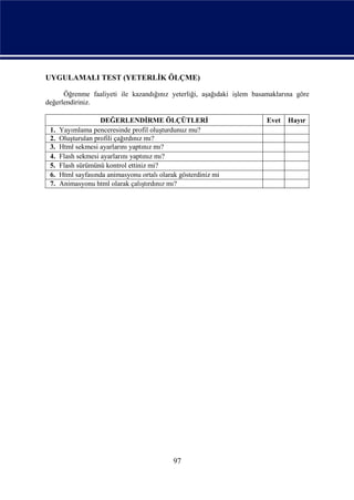 UYGULAMALI TEST (YETERLİK ÖLÇME)

      Öğrenme faaliyeti ile kazandığınız yeterliği, aşağıdaki işlem basamaklarına göre
değerlendiriniz.

                    DEĞERLENDİRME ÖLÇÜTLERİ                             Evet   Hayır
 1.   Yayımlama penceresinde profil oluşturdunuz mu?
 2.   Oluşturulan profili çağırdınız mı?
 3.   Html sekmesi ayarlarını yaptınız mı?
 4.   Flash sekmesi ayarlarını yaptınız mı?
 5.   Flash sürümünü kontrol ettiniz mi?
 6.   Html sayfasında animasyonu ortalı olarak gösterdiniz mi
 7.   Animasyonu html olarak çalıştırdınız mı?




                                             97
 