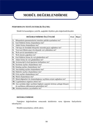 MODÜL DEĞERLENDİRME
MODÜL DEĞERLENDİRME
    MODÜL DE
    ĞERLENDİRME
PERFORMANS TESTİ (YETERLİK ÖLÇME)

      Modül ile kazandığınız yeterlik, aşağıdaki ölçütlere göre değerlendirilecektir.


                   DEĞERLENDİRME ÖLÇÜTLERİ                                     Evet Hayır
1.  Bileşenlerin parametrelerini istenilen şekilde ayarladınız mı?
2.  Geri bildirim formu oluşturdunuz mu?
3.  Anket formu oluşturdunuz mu?
4.  Tab tuşu ile formdaki bileşenler arasında geçiş sağladınız mı?
5.  Text tool (Metin aracı) ile dinamik veri yüklediniz mi?
6.  Web servisi tanımladınız mı?
7.  Web sitesini çağırdınız mı?
8.  Geri bildirim formu ile veri gönderdiniz mi?
9.  Anket formu ile veri gönderdiniz mi?
10. Actionscript’te kod ipuçlarını kullandınız mı?
11. İnceleme sayfası oluşturdunuz mu?
12. Katalog sayfası oluşturdunuz mu?
13. Ana katalog sayfası oluşturdunuz mu?
14. Haberler sayfası oluşturdunuz mu?
15. Giriş sayfası oluşturdunuz mu?
16. Menü oluşturdunuz mu?
17. Menü düğmeleri ile oluşturduğunuz sayfalara erişim sağladınız mı?
18. Uygulamanızı organize ettiniz mi?
19. Ana sayfadan diğer sayfalara bağlantı yaparak ilerleme çubuğu bileşeni
    ile sayfaların yüklenmesini gösterdiniz mi?
20. Animasyonunuzu yayınladınız mı?



      DEĞERLENDİRME

       Yaptığınız değerlendirme sonucunda eksikleriniz varsa öğrenme faaliyetlerini
tekrarlayınız.

      Modülü tamamladınız, tebrik ederiz.




                                             99
 