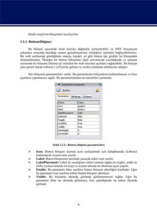Şimdi sırayla bu bileşenleri inceleyelim.

1.2.1. Button(Düğme)

      Bu bileşen sayesinde form üzerine düğmeler yerleştirebilir ve SWF dosyanızın
çalışması sırasında basıldığı zaman gerçekleşmesini istediğiniz işlemleri bağlayabilirsiniz.
Bir web sayfasında gördüğünüz onayla, kaydet, sil gibi button tipi girdiler bu bileşenden
oluşturulmuştur. Örneğin bir button bileşenine ilgili actionscript yazıldığında ve çalışma
esnasında bu bileşene tıklama ile istenilen bir web sitesinin açılması sağlanabilir. Bu bileşen
yine görsel olarak rollover ( ) (Üzerine gelme) ve click() (tıklama) efektlerine sahiptir.

      Her bileşenin parametreleri vardır. Bu parametreler bileşenlerin kullanılmasını ve bazı
ayarların yapılmasını sağlar. Bu parametrelerden en önemlileri şunlarıdır.




                          Şekil 1.2.2.: Button (düğme) parametreleri

            Icon: Button bileşeni üzerine icon yerleştirmek için kütüphanede (Library)
             kullanılacak iconun ismi yazılır.
            Label: Buton bileşeninin üzerinde yazacak etiket ismi yazılır.
            LabelPlacement: Label ile yazdığımız etiket isminin sağda mı (right), solda mı
             (left), iconun üstünde mi (top) ve iconun altında mı (bottom) ayarı yapılır.
            Enable: Bu parametre false seçilirse button bileşeni etkinliğini kaybeder. Eğer
             bu parametre true seçilirse tekrar button bileşeni etkinleşir.
            Visible: Bu bileşenin ekranda görünüp görünmemesini sağlar. Eğer bu
             parametre false ise ekranda görünmez, true yapıldığında ise tekrar ekranda
             görünür.




                                              6
 