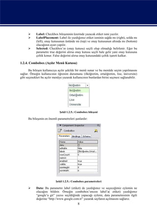      Label: Checkbox bileşeninin üzerinde yazacak etiket ismi yazılır.
           LabelPlacement: Label ile yazdığımız etiket isminin sağda mı (right), solda mı
            (left), onay kutusunun üstünde mi (top) ve onay kutusunun altında mı (bottom)
            olacağının ayarı yapılır.
           Selected: Checkbox’ın (onay kutusu) seçili olup olmadığı belirlenir. Eğer bu
            parametre true değerini alırsa onay kutusu seçili hale gelir yani onay kutusuna
            çeltik konur. False değerini alırsa onay kutusundaki çeltik işareti kalkar.

1.2.4. Combobox (Açılır Menü Kutusu)

       Bu bileşen kullanıcıya açılır şekilde bir menü sunar ve bu menüde seçim yapılmasını
sağlar. Örneğin kullanıcının öğrenim durumunu (ilköğretim, ortaöğretim, lise, üniversite)
gibi seçenekleri bu açılır menüye yazarak kullanıcının bunlardan birini seçmesi sağlanabilir.




                               Şekil 1.2.5.: Combobox bileşeni

      Bu bileşenin en önemli parametreleri şunlardır:




                            Şekil 1.2.5.: Combobox parametreleri

           Data: Bu parametre label (etiket) de yazdığımız ve seçeceğimiz eylemin ne
            olacağını bildirir. Örneğin combobox’ımızın label’a( etiket) yazdığımız
            “google’a git” yazısı seçildiğinde yapacağı eylemi, data parametresinin ilgili
            değerine “http://www.google.com.tr” yazarak sayfanın açılmasını sağlarız.
                                             8
 
