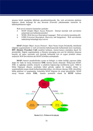 akışının belirli standartlar dâhilinde gerçekleştirilmesidir. Bu, web servislerinin platform
bağımsız olarak herhangi bir ateş duvarına (Firewall) yakalanmadan istemciler ile
haberleşebilmesini sağlar.

      Web servisi mimarisi katmanları şunlardır:
          SOAP (Simple Object Access Protocol) : İnternet üzerinde web servislerini
           çalıştırmak için kullanılan protokol
          WSDL (Web Services Description Language) : Web servislerini tanımlama dili
          UDDI (Universal Description, Discovery and Integration) : Web servislerinin
           indekslenip bulunduğu kayıt servisi


       SOAP (Simple Object Access Protocol - Basit Nesne Erişim Protokolü), distributed
(dağıtık) uygulamalarda ve web servislerinin haberleşmesinde kullanılmak üzere tasarlanan,
RPC (Remote Procedure Call) modelini kullanan, istemci/sunucu mantığına dayalı bir
protokoldür. Dağıtık uygulamalarda ve Remote messaging için yeni bir teknoloji olmasına
karşılık, alt yapısı sayesinde web üzerinde kullanmak için en uygun protokol olması
nedeniyle Web Servislerinin adı SOAP’la birlikte anılmaktadır.

      SOAP'ı benzeri protokollerden ayıran en belirgin ve üstün özelliği yapısının (daha
doğru bir ifade ile mesaj formatının) XML üzerine kurulu olmasıdır. Dolayısıyla SOAP,
XML in sağladığı esneklik, kolaylık ve platform bağımsızlığı özelliklerini içerir. XML'in
bütün bilgisayar dünyası tarafından kabul görmüş sağlam bir standart olması ve
uygulamalarda yaygın olarak kullanılmasından dolayı, text dosyası okuyup, XML işleyebilen
bütün platform ve uygulamalar, kolaylıkla SOAP bilgisine de erişip işleyebilirler. SOAP
mesaj formatı olarak XML, transfer protokolü olarak da HTTP kullanır




                             Resim 2.2.1.: Webservis’in işleyişi


                                             31
 