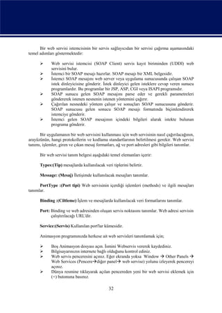 Bir web servisi istemcisinin bir servis sağlayıcıdan bir servisi çağırma aşamasındaki
temel adımları göstermektedir:

            Web servisi istemcisi (SOAP Client) servis kayıt biriminden (UDDI) web
             servisini bulur.
            İstemci bir SOAP mesajı hazırlar. SOAP mesajı bir XML belgesidir.
            İstemci SOAP mesajını web server veya uygulama sunucusunda çalışan SOAP
             istek dinleyicisine gönderir. İstek dinleyici gelen isteklere cevap veren sunucu
             programlardır. Bu programlar bir JSP, ASP, CGI veya ISAPI programıdır.
            SOAP sunucu gelen SOAP mesajını parse eder ve gerekli parametreleri
             göndererek istenen nesnenin istenen yöntemini çağırır.
            Çağırılan nesnedeki yöntem çalışır ve sonuçları SOAP sunucusuna gönderir.
             SOAP sunucusu gelen sonucu SOAP mesajı formatında biçimlendirerek
             istemciye gönderir.
            İstemci gelen SOAP mesajının içindeki bilgileri alarak istekte bulunan
             programa gönderir.

      Bir uygulamanın bir web servisini kullanması için web servisinin nasıl çağırılacağının,
arayüzünün, hangi protokollerin ve kodlama standartlarının belirtilmesi gerekir. Web servisi
tanımı, işlemler, giren ve çıkan mesaj formatları, ağ ve port adresleri gibi bilgileri tanımlar.

      Bir web servisi tanım belgesi aşağıdaki temel elemanları içerir:

      Types:(Tip) mesajlarda kullanılacak veri tiplerini belirtir.

      Message: (Mesaj) İletişimde kullanılacak mesajları tanımlar.

      PortType :(Port tipi) Web servisinin içerdiği işlemleri (methods) ve ilgili mesajları
tanımlar.

      Binding :(Ciltleme) İşlem ve mesajlarda kullanılacak veri formatlarını tanımlar.

      Port: Binding ve web adresinden oluşan servis noktasını tanımlar. Web adresi servisin
            çalıştırılacağı URL'dir.

      Service:(Servis) Kullanılan port'lar kümesidir.

      Animasyon programınızda herkese ait web servisleri tanımlamak için;

            Boş Animasyon dosyası açın. İsmini Webservis vererek kaydediniz.
            Bilgisayarınızın internete bağlı olduğunu kontrol ediniz.
            Web servis penceresini açınız. Eğer ekranda yoksa Window  Other Panels 
             Web Services (Pencerediğer panel web servise) yolunu izleyerek pencereyi
             açınız.
            Dünya resmine tıklayarak açılan pencereden yeni bir web servisi eklemek için
             (+) butonuna basınız.

                                              32
 
