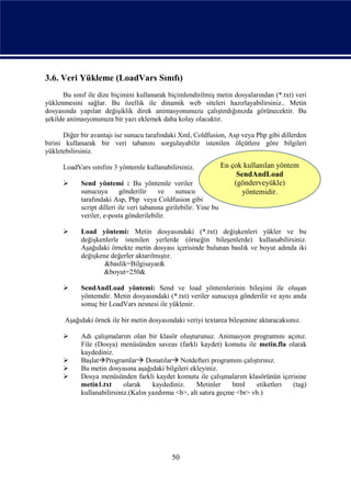 3.6. Veri Yükleme (LoadVars Sınıfı)
      Bu sınıf ile dize biçimini kullanarak biçimlendirilmiş metin dosyalarından (*.txt) veri
yüklenmesini sağlar. Bu özellik ile dinamik web siteleri hazırlayabilirsiniz.. Metin
dosyasında yapılan değişiklik direk animasyonunuzu çalıştırdığınızda görünecektir. Bu
şekilde animasyonunuza bir yazı eklemek daha kolay olacaktır.

      Diğer bir avantajı ise sunucu tarafındaki Xml, Coldfusion, Asp veya Php gibi dillerden
birini kullanarak bir veri tabanını sorgulayabilir istenilen ölçütlere göre bilgileri
yükletebilirsiniz.

      LoadVars sınıfını 3 yöntemle kullanabilirsiniz.               En çok kullanılan yöntem
                                                                         SendAndLoad
           Send yöntemi : Bu yöntemle veriler                          (gönderveyükle)
            sunucuya        gönderilir    ve     sunucu                   yöntemidir.
            tarafındaki Asp, Php veya Coldfusion gibi
            script dilleri ile veri tabanına girilebilir. Yine bu
            veriler, e-posta gönderilebilir.

           Load yöntemi: Metin dosyasındaki (*.txt) değişkenleri yükler ve bu
            değişkenlerle istenilen yerlerde (örneğin bileşenlerde) kullanabilirsiniz.
            Aşağıdaki örnekte metin dosyası içerisinde bulunan baslık ve boyut adında iki
            değişkene değerler aktarılmıştır.
                    &baslik=Bilgisayar&
                   &boyut=250&

           SendAndLoad yöntemi: Send ve load yöntemlerinin bileşimi ile oluşan
            yöntemdir. Metin dosyasındaki (*.txt) veriler sunucuya gönderilir ve aynı anda
            sonuç bir LoadVars nesnesi ile yüklenir.

       Aşağıdaki örnek ile bir metin dosyasındaki veriyi textarea bileşenine aktaracaksınız.

           Adı çalışmalarım olan bir klasör oluşturunuz. Animasyon programını açınız.
            File (Dosya) menüsünden saveas (farklı kaydet) komutu ile metin.fla olarak
            kaydediniz.
           BaşlatProgramlar Donatılar Notdefteri programını çalıştırınız.
           Bu metin dosyasına aşağıdaki bilgileri ekleyiniz.
           Dosya menüsünden farkli kaydet komutu ile çalışmalarım klasörünün içerisine
            metin1.txt      olarak    kaydediniz.    Metinler     html    etiketleri (tag)
            kullanabilirsiniz.(Kalın yazdırma <b>, alt satıra geçme <br> vb.)




                                               50
 
