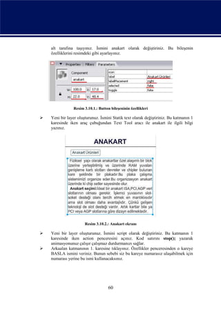 alt tarafına taşıyınız. İsmini anakart olarak değiştiriniz. Bu bileşenin
    özelliklerini resimdeki gibi ayarlayınız.




                Resim 3.10.1.: Button bileşeninin özellikleri

   Yeni bir layer oluşturunuz. İsmini Statik text olarak değiştiriniz. Bu katmanın 1
    karesinde iken araç çubuğundan Text Tool aracı ile anakart ile ilgili bilgi
    yazınız.




                       Resim 3.10.2.: Anakart ekranı

   Yeni bir layer oluşturunuz. İsmini script olarak değiştiriniz. Bu katmanın 1
    karesinde iken action penceresini açınız. Kod satırını stop(); yazarak
    animasyonunuz çalışır çalışmaz durdurmanızı sağlar.
   Arkaalan katmanının 1. karesine tıklayınız. Özellikler penceresinden o kareye
    BASLA ismini veriniz. Bunun sebebi siz bu kareye numarasız ulaşabilmek için
    numarası yerine bu ismi kullanacaksınız.




                                     60
 