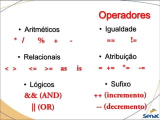 Operadores
• Aritméticos   • Igualdade


• Relacionais   • Atribuição


 • Lógicos       • Sufixo
 