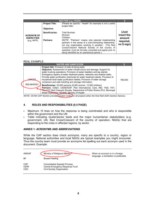 SECTOR (e.g. FOOD)                                                   $
                    Project Title:     (Please be specific: “Health” for example is not a useful
                                       project title)
                    Objective:
                    Beneficiaries:      Total Number:                                                 (Just
 ACRONYM OF                             Women:                                                      insert the
  AGENCY/IES                            Children:                                                    amount
   (e.g. WFP)       Partners:           (NOTE: “Partners” means only planned implementing
                                        partners in the sense of a sub-contracting relationship,
                                                                                                    required,
                                        not any organisation working in parallel.) (The Red         no $ sign)
                                        Cross/Crescent National Society of the country of
                                        operation must be formally consulted and agree prior to
                                        being identified as an operational partner.)



REAL EXAMPLE:
                                  WATER AND SANITATION                                                    $
                  Project title: Provision of safe drinking water
                  Objective: Assessment of water infrastructure and damage; Support for
                  water trucking operations; Provision of water bladders and tap stands;
                  Emergency repairs of water treatment plants, networks and shallow wells;
                  Provide water purification chemicals for water treatment plants; Provision of
     UNICEF       household level water purification tablets; Provision of water storage              766,000
                  containers and safe handling and storage information.
  INS-06/WS01 Beneficiaries: 25,000 persons (8,000 women, 12,500 children)
              Partners: Oxfam, USAID/ESP, Plan International, Care, IRD, YDD, YKY,
              The YYY Red Crescent Society, Department of Public Works (PU), Municipal
              Water Authorities (PDAM), Ministry of Health
NOTE: OCHA CAP Section provides project codes for all projects when the final field draft reaches Geneva.



4.      ROLES AND RESPONSIBILITIES (0.5 PAGE)

     Maximum 10 lines on how the response is being coordinated and who is responsible
     within the government and the UN
     Table indicating cluster/sector leads and the major humanitarian stakeholders (e.g.
     government, UN, Red Cross/Crescent of the country of operation, NGOs) that are
     responding to the crisis in affected regions, by sector.

ANNEX 1: ACRONYMS AND ABBREVIATIONS

While the CAP section does check acronyms, many are specific to a country, region or
language. National authorities and local NGOs are typical examples you might encounter.
Thus the country team must provide an acronyms list spelling out each acronym used in the
document. Example:


AWKAF               Ministry of Religious Affairs                       When an acronym is in a foreign
                                                                        language, a translation is preferable
BF                  Breast Feeding

CAP                 Consolidated Appeals Process
CERF                Central Emergency Response Fund
CSO                 Civil Society Organisation




                                                        6
 