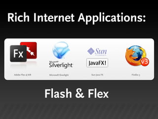 Rich Internet Applications:


                                                                     v3
 Adobe Flex & AIR   Microsoft Siverlight   Sun Java FX   Firefox 3




                    Flash & Flex
