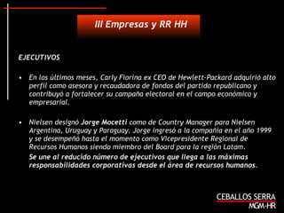 EJECUTIVOS En los últimos meses, Carly Fiorina ex CEO de Hewlett-Packard adquirió alto perfil como asesora y recaudadora de fondos del partido republicano y contribuyó a fortalecer su campaña electoral en el campo económico y empresarial. Nielsen designó  Jorge Mocetti  como de Country Manager para Nielsen Argentina, Uruguay y Paraguay. Jorge ingresó a la compañía en el año 1999 y se desempeñó hasta el momento como Vicepresidente Regional de Recursos Humanos siendo miembro del Board para la región Latam.  Se une al reducido número de ejecutivos que llega a las máximas responsabilidades corporativas desde el área de recursos humanos. III Empresas y RR HH 
