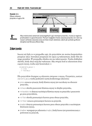 30         Flash MX 2004. Tworzenie gier


Rysunek 3.2.
Obszar aktywny
przycisku w ujęciu Hit




               Aby zróżnicować zawartość poszczególnych ujęć wewnątrz przycisku, musisz je najpierw
               przekształcić w ujęcia kluczowe. Pod tym względem listwa czasowa przycisku nie różni się
               niczym od listwy czasowej sceny ani listw innych obiektów, takich jak symbole graficzne
               (Graphic) lub filmowe (Movie Clip).



Zdarzenia
           Inaczej niż było to w przypadku ujęć, do przycisków nie można bezpośrednio
           przypisać akcji. Instrukcje przypisane do ujęcia są wykonywane, kiedy film do
           niego przejdzie. W przypadku obiektu nie ma takiej jasności. Trzeba dokładnie
           określić, kiedy akcje mają być wykonane. Aby związać kod ze zdarzeniem doty-
           czącym myszy, trzeba użyć konstrukcji QP:
              QP
FCTGPKGAO[U[ ]
                 .KUVC
                 KPUVTWMELK
              _

           Dla przycisków dostępne są zdarzenia związane z myszą. Oczywiście, zamiast
           FCTGPKGAO[U[ trzeba podstawić nazwę konkretnego zdarzenia:

            ♦ RTGUU oznacza sytuacje, kiedy klawisz myszy jest naciskany na obszarze
              przycisku,
            ♦ TGNGCUG określa puszczenie klawisza myszy w obrębie przycisku,
            ♦ TGNGCUG1WVUKFG dotyczy naciśnięcia klawisza myszy na przycisku i puszczenie
              go poza przyciskiem,
            ♦ TQNN1WV określa przesunięcie kursora poza obszar przycisku,
            ♦ TQNN1XGT oznacza przesunięcie kursora na przycisk,
            ♦ FTCI1WV dotyczy przesunięcia kursora poza obszar przycisku z naciśniętym
              klawiszem myszy,
            ♦ FTCI1XGT występuje po zdarzeniu FTCI1WV, kiedy kursor jest przemieszczany z
              powrotem na przycisk,
 
