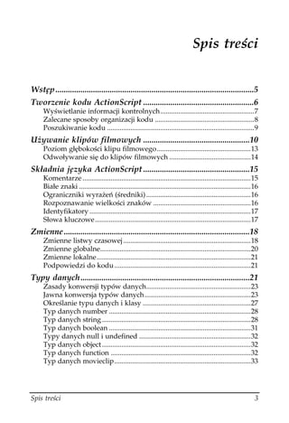 Spis treści


Wstęp...............................................................................................5
Tworzenie kodu ActionScript .....................................................6
     Wyświetlanie informacji kontrolnych.....................................................7
     Zalecane sposoby organizacji kodu ........................................................8
     Poszukiwanie kodu ...................................................................................9
Używanie klipów filmowych ...................................................10
     Poziom głębokości klipu filmowego.....................................................13
     Odwoływanie się do klipów filmowych ..............................................14
Składnia języka ActionScript ...................................................15
     Komentarze ...............................................................................................15
     Białe znaki .................................................................................................16
     Ograniczniki wyrażeń (średniki) ...........................................................16
     Rozpoznawanie wielkości znaków .......................................................16
     Identyfikatory ...........................................................................................17
     Słowa kluczowe........................................................................................17
Zmienne.........................................................................................18
     Zmienne listwy czasowej ........................................................................18
     Zmienne globalne.....................................................................................20
     Zmienne lokalne.......................................................................................21
     Podpowiedzi do kodu .............................................................................21
Typy danych.................................................................................21
     Zasady konwersji typów danych...........................................................23
     Jawna konwersja typów danych............................................................23
     Określanie typu danych i klasy .............................................................27
     Typ danych number ................................................................................28
     Typ danych string ....................................................................................28
     Typ danych boolean ................................................................................31
     Typy danych null i undefined ...............................................................32
     Typ danych object ....................................................................................32
     Typ danych function ...............................................................................32
     Typ danych movieclip.............................................................................33




Spis treści                                                                                                       3
 