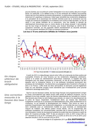 FLASH – ETUDES, VEILLE & PROSPECTIVE – N°160, septembre 2011


                                                                    pouvoir d’achat, pour se prémunir contre l’anticipation d’un recul continu des prix à moyen
                                                                    terme. En particulier, si on déflate le taux à 10 ans américain de l’inflation sous-jacente
                                                                    (indice des prix hors pétrole et produits alimentaires), ce phénomène exceptionel apparaît
                                                                    clairement (cf. graphique ci-dessous). Cette hyper sensibilité des rendements obligataires
                                                                    à la perception de la dynamique de l’activité viendrait aussi de la conscience que les
                                                                    marges de manœuvre budgétaires et monétaires sont d’ores et déjà épuisées, en cas de
                                                                    retour à une spirale baissière de la conjoncture. Une fois passée la période de
                                                                    ralentissement économique plus ou moins sévère et de stress excessif, il est probable
                                                                    que les taux longs se tendent de nouveau, pour évoluer davantage au rythme de la
                                                                    croissance nominale, qui est supposée ralentir transitoirement au seconde semestre
                                                                    2011 et au premier semestre 2012 dans ce scénario tendanciel.
                                                            Les taux à 10 ans américains déflatés de l'inflation sous jacente

                                      6,4

                                      5,9

                                      5,4

                                      4,9
           Taux d'intérêt réel en %




                                      4,4

                                      3,9

                                      3,4

                                      2,9

                                      2,4

                                      1,9

                                      1,4

                                      0,9

                                      0,4
                                            01/90
                                                    08/90
                                                            03/91
                                                                    10/91
                                                                            05/92
                                                                                    12/92
                                                                                            07/93
                                                                                                    02/94
                                                                                                            09/94
                                                                                                                    04/95
                                                                                                                            11/95
                                                                                                                                    06/96
                                                                                                                                            01/97
                                                                                                                                                    08/97
                                                                                                                                                            03/98
                                                                                                                                                                    10/98
                                                                                                                                                                            05/99
                                                                                                                                                                                    12/99
                                                                                                                                                                                            07/00
                                                                                                                                                                                                    02/01
                                                                                                                                                                                                            09/01
                                                                                                                                                                                                                    04/02
                                                                                                                                                                                                                            11/02
                                                                                                                                                                                                                                    06/03
                                                                                                                                                                                                                                            01/04
                                                                                                                                                                                                                                                    08/04
                                                                                                                                                                                                                                                            03/05
                                                                                                                                                                                                                                                                    10/05
                                                                                                                                                                                                                                                                            05/06
                                                                                                                                                                                                                                                                                    12/06
                                                                                                                                                                                                                                                                                            07/07
                                                                                                                                                                                                                                                                                                    02/08
                                                                                                                                                                                                                                                                                                            09/08
                                                                                                                                                                                                                                                                                                                    04/09
                                                                                                                                                                                                                                                                                                                            11/09
                                                                                                                                                                                                                                                                                                                                    06/10
                                                                                                                                                                                                                                                                                                                                            01/11
                                                                                                                                                                                                                                                                                                                                                    08/11
                                                                                                                      Taux 10 ans réel USA                                                  inlation sous jacente USA (glist. an)

                                                                      A partir de 2013, le rééquilibrage naturel entre l’offre et la demande de titres publics est
Un risque                                                           susceptible d’induire de vives tensions sur les rendements obligataires américains,
ultérieur de                                                        surtout si la phase de ralentissement économique s’estompe, si l’appétit des pays
                                                                    émergents pour les dettes souveraines s’amenuise, du fait de la réorientation de leur
krach                                                               épargne vers la croissance interne, et si les politiques monétaires poursuivent leur
obligataire                                                         processus de normalisation. Ce phénomène se propagerait alors forcément à l’Europe et
                                                                    donc à la France. L’offre brute de titres semi-publics et bancaires pourrait également
                                                                    buter sur une demande d’autant moins abondante que l’investissement privé pourrait
                                                                    redémarrer davantage après 2012.

                                                                      Sauf en cas de récession avérée, les taux longs français vont progressivement corriger
Une correction                                                      le niveau anormalement bas atteint durant cette phase de défiance excessive, tout en
                                                                    pâtissant d’une forte volatilité, selon les thèmes prépondérants de l’actualité du moment.
mesurée à la                                                        Des tensions plus fortes ne sont d’ailleurs pas exclues, en raison d’un alourdissement de
hausse des taux                                                     la prime de risque. Cependant, l’endettement élevé, qui impose des restrictions
                                                                    budgétaires continues et un processus de désendettement privé, pèse durablement sur la
longs                                                               croissance, ce qui tempère le développement de l’inflation. Ceci borne en retour le
                                                                    potentiel d’augmentation des rendements obligataires. La remontée des taux longs serait
                                                                    donc cohérente avec un renforcement modéré du cycle d’activité, un redressement
                                                                    mesuré de l’inflation, des déficits publics encore élevés, une fin programmée des
                                                                    politiques monétaires non conventionnelles, peut-être dès le second semestre 2012, et
                                                                    une anticipation induite de durcissement graduel et prudent des taux directeurs à partir de
                                                                    2013. En moyenne annuelle, l’OAT 10 ans se situerait à 3,3% en 2011 (mais 2,9% au
                                                                      ème                        ème
                                                                    3     trimestre et 3,1% au 4      trimestre 2011), à 3,35% en 2012 et à 3,7% en 2013, pour
                                                                    atteindre ensuite 4,15% en 2014 et 4,4% en 2015.
                                                                                        Achevé de rédiger le 22 septembre 2011 par Eric BUFFANDEAU
                                                                                                                                                                                                                                                                    eric.buffandeau@bpce.fr

                                                                                                                                                                                                                                                                                                                                                    13
 