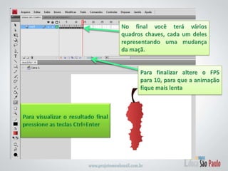 No final você terá vários quadros chaves, cada um deles representando uma mudança da maçã.Para finalizar altere o FPS para 10, para que a animação fique mais lentaPara visualizar o resultado final pressione as teclas Ctrl+Enter