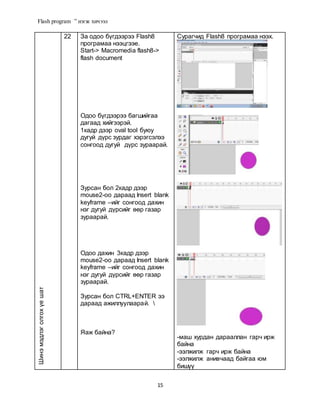 Flash program ” нэгж хичээл
15
Шинэмэдлэголгохүешат
22 За одоо бүгдээрээ Flash8
програмаа нээцгээе.
Start-> Macromedia flash8->
flash document
Одоо бүгдээрээ багшийгаа
дагаад хийгээрэй.
1кадр дээр oval tool буюу
дугуй дүрс зурдаг хэрэгсэлээ
сонгоод дугуй дүрс зураарай.
Зурсан бол 2кадр дээр
mouse2-oo дараад Insert blank
keyframe –ийг сонгоод дахин
нэг дугуй дүрсийг өөр газар
зураарай.
Одоо дахин 3кадр дээр
mouse2-oo дараад Insert blank
keyframe –ийг сонгоод дахин
нэг дугуй дүрсийг өөр газар
зураарай.
Зурсан бол CTRL+ENTER ээ
дараад ажиллуулаарай. 
Яаж байна?
Сурагчид Flash8 програмаа нээх.
-маш хурдан дарааллан гарч ирж
байна
-ээлжилж гарч ирж байна
-ээлжилж анивчаад байгаа юм
бишүү
 