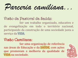 Parceria camiliana...
Visão da Pastoral da Saúde:
Ser um trabalho organizado, educativo e
de evangelização em todo o território nacional,
participando da construção de uma sociedade justa a
serviço da VIDA.
Visão Camiliana:
Ser uma organização de referência
nas áreas de Educação e da SAÚDE, com ações
que promovam a melhoria da qualidade de
VIDA na sociedade.
 