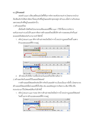 . รู้จักเลเยอร์
เลเยอร์ (Layer) เปรียบเสมือนแผ่นใสทีใช้ในการจัดวางองค์ประกอบต่างๆ โดยสามารถนํามา
เรียงซ้อนทับกันได้อย่างอิสระ ซึงออบเจ็กต์ทีอยู่ในเลเยอร์ล่าสุดจะอยู่ทางด้านบน เมือทํางานก็จะส่งผล
เฉพาะออบเจ็กต์ทีอยู่ในเลเยอร์เท่านั น
) สร้างเลเยอร์ใหม่
เมือเริมสร้างไฟล์ใหม่โปรแกรมจะเตรียมเลเยอร์ทีชือLayer 1 ไว้ให้ ซึงสามารถจัดวาง
องค์ประกอบต่างๆ ลงไปได้ และหากต้องการสร้างเลเยอร์ใหม่เพือให้การทํางานของออบเจ็กต์ในแต่
ละเลเยอร์เป็นอิสระต่อกัน สามารถทําได้ดังนี
1. คลิกปุ่มInsert Layer ทางด้านล่างของไทม์ไลน์ จากนั นจะปรากฏเลเยอร์ใหม่ขึ นมาทาง
ด้านบนของเลเยอร์ทีทํางานอยู่
2. สร้างออบเจ็กต์หรือการเคลือนไหวลงในเลเยอร์ใหม่ได้ตามต้องการ
) สร้างและจัดเก็บเลเยอร์ไว้ในเลเยอร์โฟลเดอร์
การสร้างเลเยอร์โฟลเดอร์จะช่วยให้การจัดเก็บเลเยอร์ต่างๆ เป็นระเบียบมากยิงขึ น โดยสามารถ
สร้างเลเยอร์โฟลเดอร์เพือนําเลเยอร์ทีเกียวข้อง เช่น เลเยอร์ของรูปภาพ ข้อความ เสียง วิดีโอ หรือ
ActionScript ไว้ในโฟลเดอร์เดียวกันได้ ดังนี
1. คลิกปุ่มInsert Layer Folder ทางด้านล่างของไทม์ไลน์ จากนั นจะปรากฏเลเยอร์โฟลเดอร์
ใหม่ขึ นมาทางด้านบนของเลเยอร์ทีทํางานอยู่
 