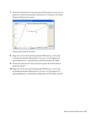 Apertura del documento inicial 185
7. Arrastre los selectores de vértice para que la línea que los conecta con el
punto de control sea horizontal y cada selector se encuentre a la misma
distancia del punto de control.
Arrastre de los selectores de vértice
8. Haga clic con la tecla Control presionada (Windows) o con la tecla
Comando presionada (Macintosh) en la curva, en el Fotograma 44
aproximadamente, y arrástrela hacia arriba hasta la línea de 100%.
9. Arrastre los selectores de vértice del nuevo punto de control sobre el
punto de control.
10. Haga clic con la tecla Control presionada (Windows) o con la tecla
Comando presionada (Macintosh) en la curva, en el Fotograma 52
aproximadamente, y arrástrela hacia abajo hasta el 95% del eje vertical.
 