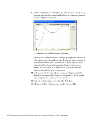 186 Creación de gráficos: creación de animaciones con suavizado (sólo en Flash Professional)
11. Arrastre los selectores de vértice para que la línea que los conecta con el
punto de control sea horizontal y cada selector se encuentre a la misma
distancia del punto de control.
La curva de aceleración/desaceleración finalizada
Ha creado una curva de suavizado compleja que representa una bola de
billar número ocho rebotando, en lugar de una simple interpolación de
movimiento unidireccional. Puede utilizar el botón Reproducir del
cuadro de diálogo Aceleración/desaceleración personalizada para
obtener una vista previa de la animación en el escenario mientras
experimenta con la curva de interpolación.
12. En la esquina inferior izquierda del cuadro de diálogo Aceleración/
desaceleración personalizada, haga clic en Reproducir. Revise la vista
previa dinámica de la animación en el escenario.
13. Haga clic en Aceptar para cerrar el cuadro de diálogo.
14. Seleccione Archivo > Guardar para guardar el archivo FLA.
 