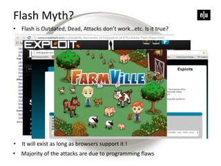 Flash Myth?
• Flash is Outdated, Dead, Attacks don’t work…etc. Is it true?
• It will exist as long as browsers support it !
• Majority of the attacks are due to programming flaws
 
