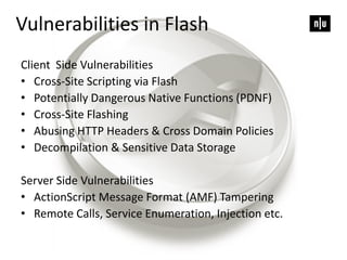 Vulnerabilities in Flash
Client Side Vulnerabilities
• Cross-Site Scripting via Flash
• Potentially Dangerous Native Functions (PDNF)
• Cross-Site Flashing
• Abusing HTTP Headers & Cross Domain Policies
• Decompilation & Sensitive Data Storage
Server Side Vulnerabilities
• ActionScript Message Format (AMF) Tampering
• Remote Calls, Service Enumeration, Injection etc.
 