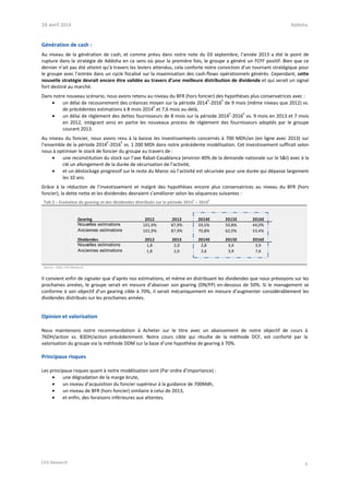 16 avril 2014 Addoha
CFG Research 6
Génération de cash :
Au niveau de la génération de cash, et comme prévu dans notre note du 03 septembre, l’année 2013 a été le point de
rupture dans la stratégie de Addoha en ce sens où pour la première fois, le groupe a généré un FCFF positif. Bien que ce
dernier n’ait pas été atteint qu’à travers les leviers attendus, cela conforte notre conviction d’un tournant stratégique pour
le groupe avec l’entrée dans un cycle focalisé sur la maximisation des cash-flows opérationnels générés. Cependant, cette
nouvelle stratégie devrait encore être validée au travers d’une meilleure distribution de dividende et qui serait un signal
fort destiné au marché.
Dans notre nouveau scénario, nous avons retenu au niveau du BFR (hors foncier) des hypothèses plus conservatrices avec :
• un délai de recouvrement des créances moyen sur la période 2014
E
-2016
E
de 9 mois (même niveau que 2012) vs.
de précédentes estimations à 8 mois 2014
E
et 7,6 mois au-delà,
• un délai de règlement des dettes fournisseurs de 8 mois sur la période 2014
E
-2016
E
vs. 9 mois en 2013 et 7 mois
en 2012, intégrant ainsi en partie les nouveaux process de règlement des fournisseurs adoptés par le groupe
courant 2013.
Au niveau du foncier, nous avons revu à la baisse les investissements concernés à 700 MDh/an (en ligne avec 2013) sur
l’ensemble de la période 2014
E
-2016
E
vs. 1 200 MDh dans notre précédente modélisation. Cet investissement suffirait selon
nous à optimiser le stock de foncier du groupe au travers de :
• une reconstitution du stock sur l’axe Rabat-Casablanca (environ 40% de la demande nationale sur le S&I) avec à la
clé un allongement de la durée de sécurisation de l’activité,
• et un déstockage progressif sur le reste du Maroc où l’activité est sécurisée pour une durée qui dépasse largement
les 10 ans.
Grâce à la réduction de l’investissement et malgré des hypothèses encore plus conservatrices au niveau du BFR (hors
foncier), la dette nette et les dividendes devraient s’améliorer selon les séquences suivantes :
Tab.2 – Evolution du gearing et des dividendes distribués sur la période 2014E
– 2016E
Gearing 2012 2013 2014E 2015E 2016E
Nouvelles estimations 101,9% 87,9% 59,5% 50,8% 44,0%
Anciennes estimations 101,9% 87,9% 70,8% 62,0% 53,4%
Dividendes 2012 2013 2014E 2015E 2016E
Nouvelles estimations 1,8 2,0 2,8 3,4 3,9
Anciennes estimations 1,8 2,0 2,6 3,9 7,6
Source : ADH, CFG Research
Il convient enfin de signaler que d’après nos estimations, et même en distribuant les dividendes que nous prévoyons sur les
prochaines années, le groupe serait en mesure d’abaisser son gearing (DN/FP) en-dessous de 50%. Si le management se
conforme à son objectif d’un gearing cible à 70%, il serait mécaniquement en mesure d’augmenter considérablement les
dividendes distribués sur les prochaines années.
Opinion et valorisation
Nous maintenons notre recommandation à Acheter sur le titre avec un abaissement de notre objectif de cours à
76DH/action vs. 83DH/action précédemment. Notre cours cible qui résulte de la méthode DCF, est conforté par la
valorisation du groupe via la méthode DDM sur la base d’une hypothèse de gearing à 70%.
Principaux risques
Les principaux risques quant à notre modélisation sont (Par ordre d’importance) :
• une dégradation de la marge brute,
• un niveau d’acquisition du foncier supérieur à la guidance de 700Mdh,
• un niveau de BFR (hors foncier) similaire à celui de 2013,
• et enfin, des livraisons inférieures aux attentes.
 