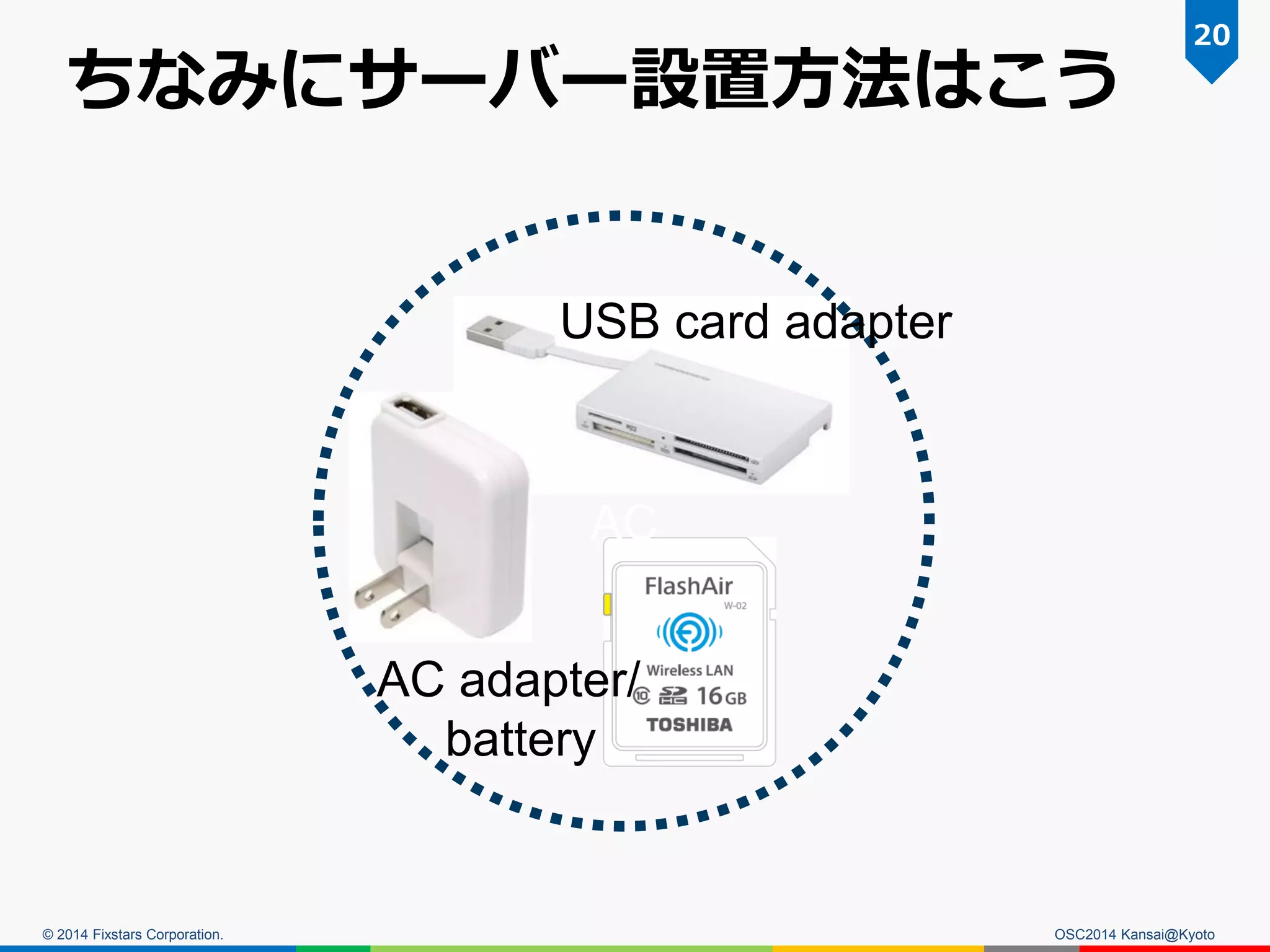 © 2014 Fixstars Corporation.
ちなみにサーバー設置方法はこう
OSC2014 Kansai@Kyoto
20
AC
AC adapter/
battery
USB card adapter
 