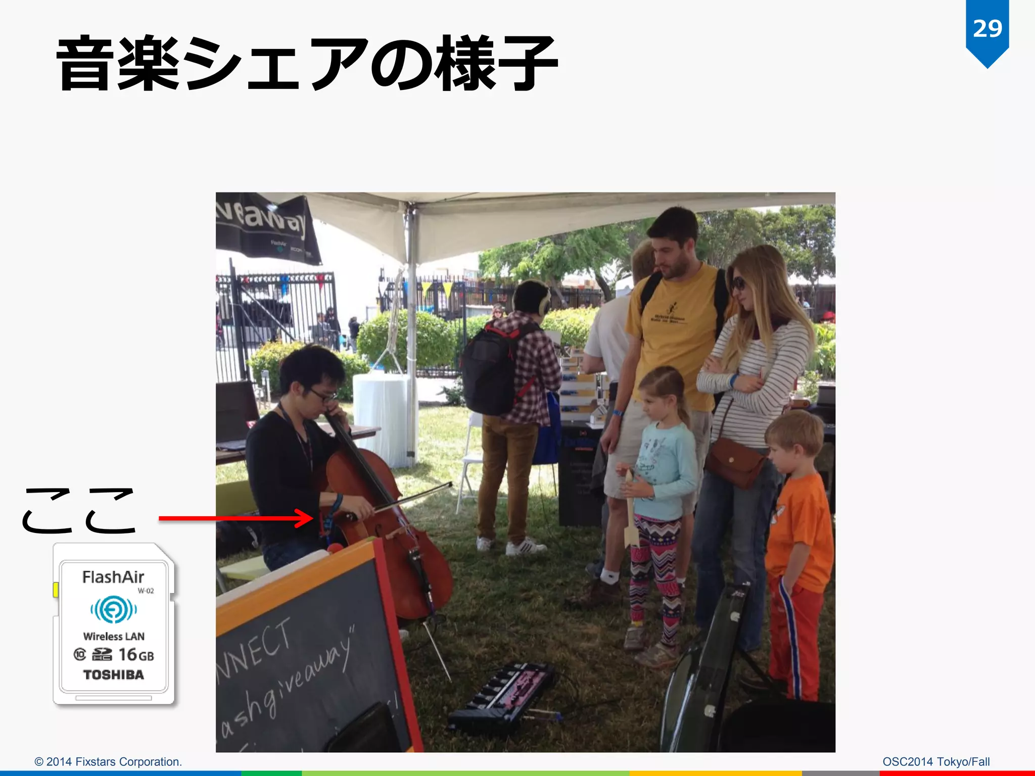 © 2014 Fixstars Corporation. 
音楽シェアの様子 
OSC2014 Tokyo/Fall 
29 
ここ  