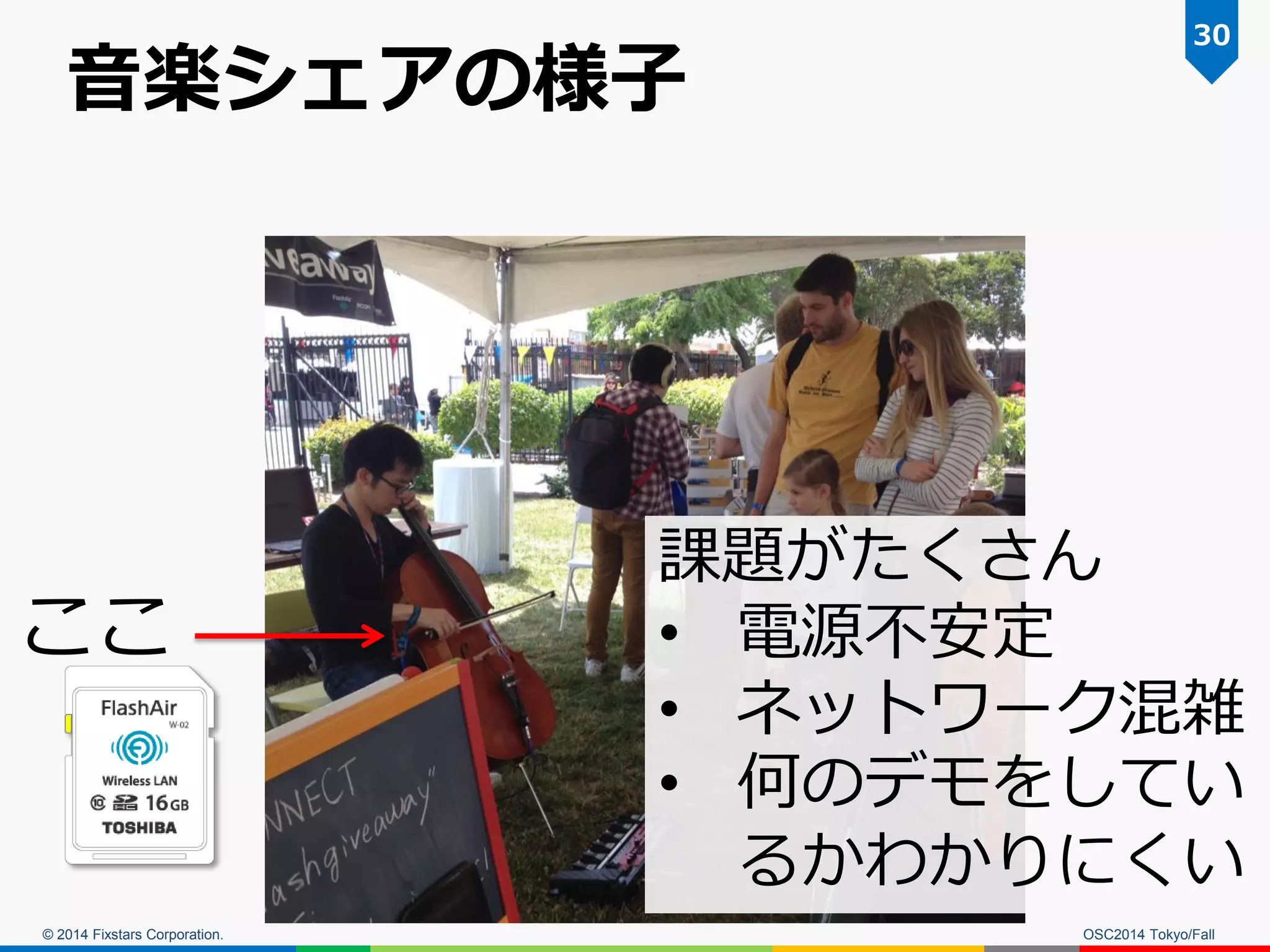 © 2014 Fixstars Corporation. 
音楽シェアの様子 
OSC2014 Tokyo/Fall 
30 
ここ 
課題がたくさん 
•電源不安定 
•ネットワーク混雑 
•何のデモをしてい るかわかりにくい  