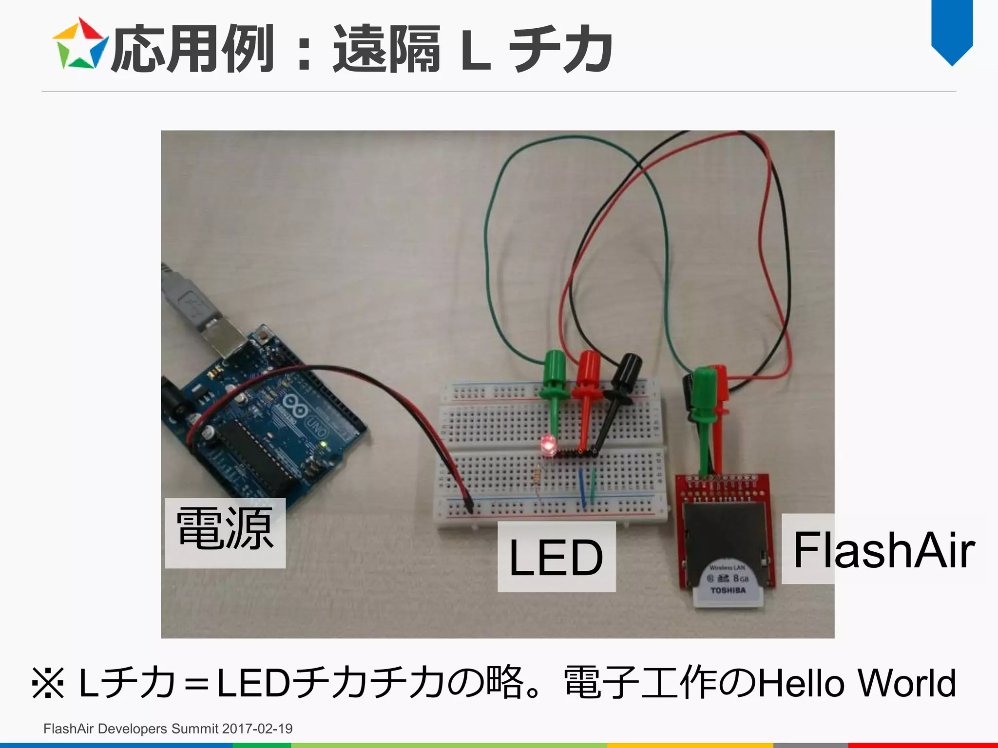 応用例：遠隔 L チカ
FlashAir Developers Summit 2017-02-19
電源
LED FlashAir
※ Lチカ＝LEDチカチカの略。電子工作のHello World
 