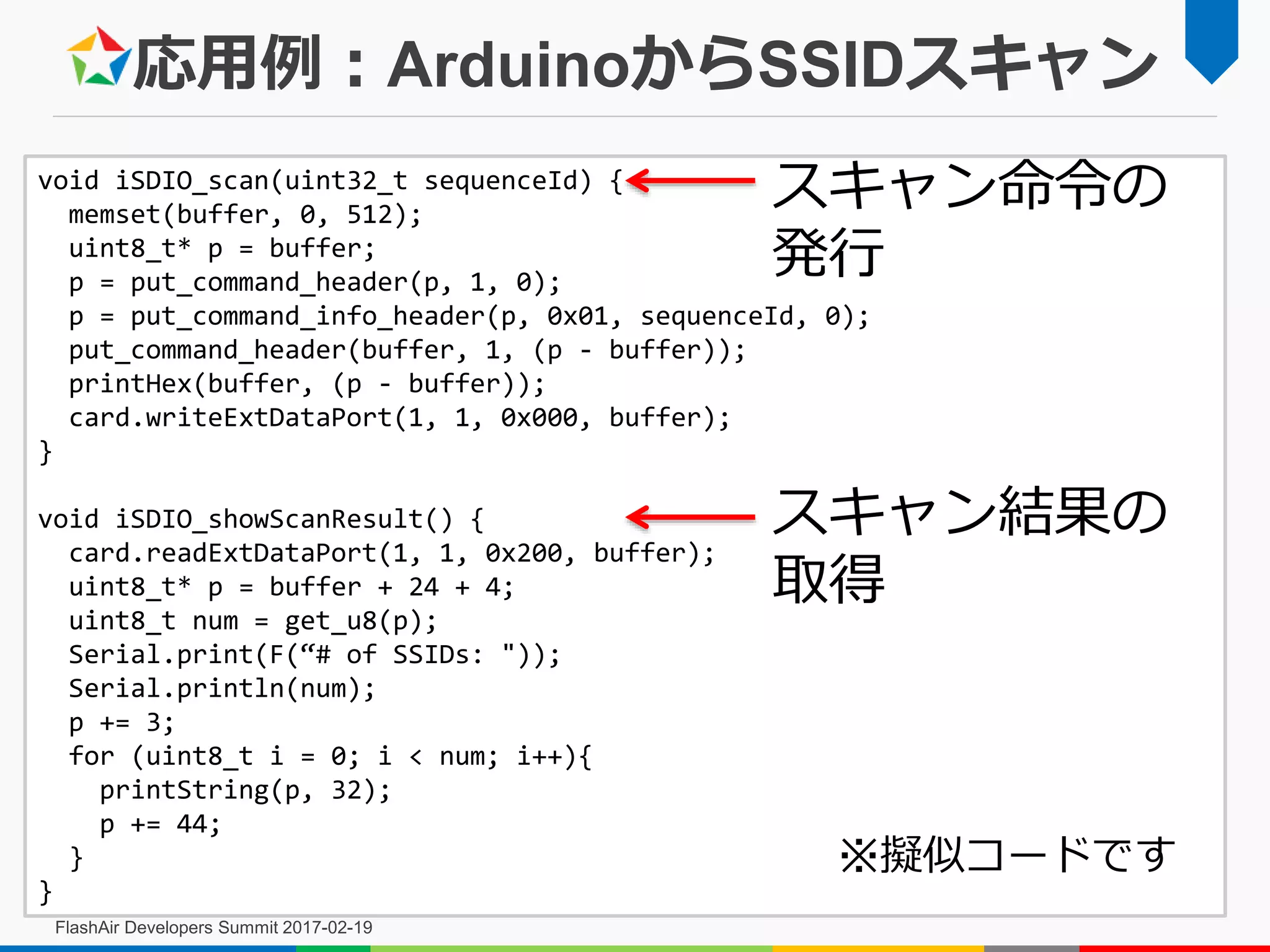 応用例：ArduinoからSSIDスキャン
FlashAir Developers Summit 2017-02-19
void iSDIO_scan(uint32_t sequenceId) {
memset(buffer, 0, 512);
uint8_t* p = buffer;
p = put_command_header(p, 1, 0);
p = put_command_info_header(p, 0x01, sequenceId, 0);
put_command_header(buffer, 1, (p - buffer));
printHex(buffer, (p - buffer));
card.writeExtDataPort(1, 1, 0x000, buffer);
}
void iSDIO_showScanResult() {
card.readExtDataPort(1, 1, 0x200, buffer);
uint8_t* p = buffer + 24 + 4;
uint8_t num = get_u8(p);
Serial.print(F(“# of SSIDs: "));
Serial.println(num);
p += 3;
for (uint8_t i = 0; i < num; i++){
printString(p, 32);
p += 44;
}
}
※擬似コードです
スキャン命令の
発行
スキャン結果の
取得
 