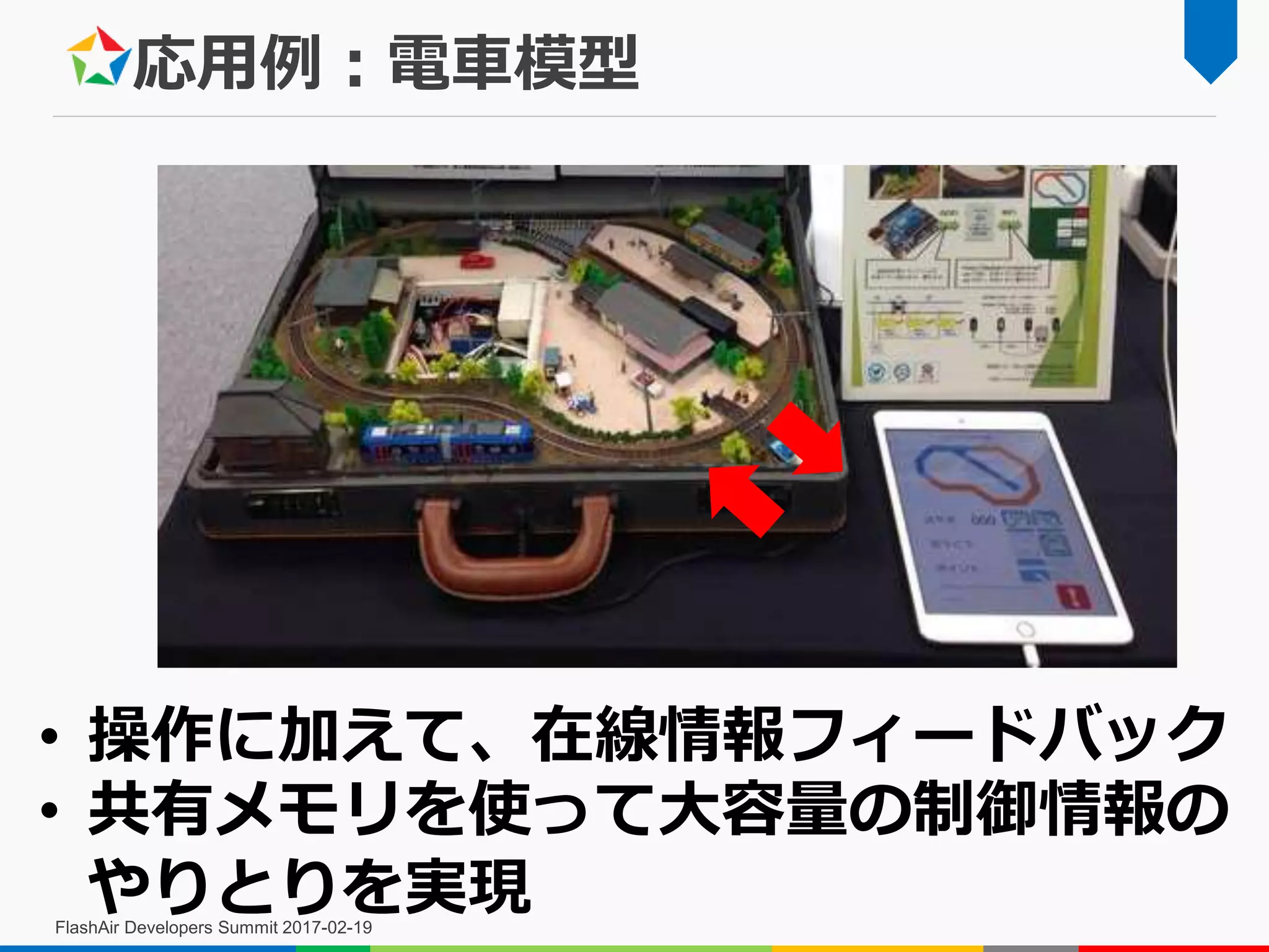 応用例：電車模型
FlashAir Developers Summit 2017-02-19
• 操作に加えて、在線情報フィードバック
• 共有メモリを使って大容量の制御情報の
やりとりを実現
 