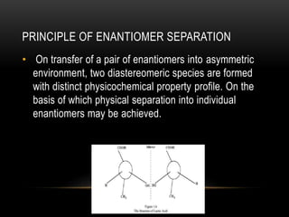 PRINCIPLE OF ENANTIOMER SEPARATION 
• On transfer of a pair of enantiomers into asymmetric 
environment, two diastereomeric species are formed 
with distinct physicochemical property profile. On the 
basis of which physical separation into individual 
enantiomers may be achieved. 
 