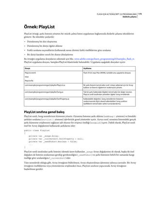 175FLASH IÇIN ACTIONSCRIPT 3.0 PROGRAMLAMA
Dizilerle çalışma
Örnek: PlayList
PlayList örneği, şarkı listesini yöneten bir müzik çalma listesi uygulaması bağlamında dizilerle çalışma tekniklerini
gösterir. Bu teknikler şunlardır:
• Dizinlenmiş bir dizi oluşturma
• Dizinlenmiş bir diziye öğeler ekleme
• Farklı sıralama seçeneklerini kullanarak nesne dizisini farklı özelliklerine göre sıralama
• Bir diziyi karakter sınırlı bir dizeye dönüştürme
Bu örneğin uygulama dosyalarını edinmek için bkz. www.adobe.com/go/learn_programmingAS3samples_flash_tr.
PlayList uygulama dosyası, Samples/PlayList klasöründe bulunabilir. Uygulama aşağıdaki dosyaları içerir:
PlayList sınıfına genel bakış
PlayList sınıfı, Song nesnelerinin kümesini yönetir. Oynatma listesine şarkı ekleme (addSong() yöntemi) ve listedeki
şarkıları sıralama (sortList() yöntemi) işlevleriyle genel yöntemler içerir. Ayrıca sınıf, oynatma listesindeki gerçek
şarkı kümesine erişilmesini sağlayan salt okunur bir erişimci özelliği (songList) içerir. Dahili olarak, PlayList sınıfı
özel bir Array değişkenini kullanarak şarkılarını izler:
public class PlayList
{
private var _songs:Array;
private var _currentSort:SortProperty = null;
private var _needToSort:Boolean = false;
...
}
PlayList sınıfı tarafından şarkı listesini izlemek üzere kullanılan _songs Array değişkenine ek olarak, başka iki özel
değişken de listenin sıralanması gerekip gerekmediğini (_needToSort) ve şarkı listesinin belirli bir zamanda hangi
özelliğe göre sıralandığını (_currentSort) izler.
Tüm nesnelerde olduğu gibi, Array örneğinin bildirilmesi, Array oluşturulması işleminin yalnızca yarısıdır. Bir Array
örneğinin özelliklerine veya yöntemlerine erişilmeden önce, PlayList sınıfının yapıcısında Array örneğinin
başlatılması gerekir.
Dosya Açıklama
PlayList.mxml
veya
PlayList.fla
Flash (FLA) veya Flex (MXML) içindeki ana uygulama dosyası.
com/example/programmingas3/playlist/PlayList.as Bir şarkı listesini temsil eden sınıf. Listeyi saklamak için bir Array
kullanır ve listenin öğelerinin sıralamasını yönetir.
com/example/programmingas3/playlist/Song.as Tek bir şarkı hakkındaki bilgileri temsil eden bir değer nesnesi.
PlayList sınıfı tarafından yönetilen öğeler Song örnekleridir.
com/example/programmingas3/playlist/SortProperty.as Kullanılabilir değerleri, Song nesnelerinin listesinin
sıralanmasında ölçüt olarak kullanılabilen Song sınıfının
özelliklerini temsil eden sahte numaralandırma.
 