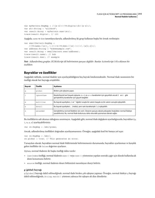 213FLASH IÇIN ACTIONSCRIPT 3.0 PROGRAMLAMA
Normal ifadeler kullanma
var myPattern:RegExp = /([a-z]+)(?P<digits>d+)[a-z]+/;
var str:String = "a123bcd";
var result:Array = myPattern.exec(str);
trace(result.digits); // 123
Aşağıda, name ve dom tanımlayıcılarıyla, adlandırılmış iki grup kullanan başka bir örnek verilmiştir:
var emailPattern:RegExp =
/(?P<name>(w|[_.-])+)@(?P<dom>((w|-)+))+.w{2,4}+/;
var address:String = "bob@example.com";
var result:Array = emailPattern.exec(address);
trace(result.name); // bob
trace(result.dom); // example
Not: Adlandırılmış gruplar, ECMAScript dil belirtiminin parçası değildir. Bunlar ActionScript 3.0'a eklenen bir
özelliktir.
Bayraklar ve özellikler
Aşağıdaki tabloda, normal ifadeler için ayarlayabildiğiniz beş bayrak listelenmektedir. Normal ifade nesnesinin bir
özelliği olarak her bayrağa erişilebilir.
Bu özelliklerin salt okunur olduğunu unutmayın. Aşağıdaki gibi, normal ifade değişkeni ayarladığınızda, bayrakları (g,
i, m, s, x) ayarlayabilirsiniz:
var re:RegExp = /abc/gimsx;
Ancak, adlandırılmış özellikleri doğrudan ayarlayamazsınız. Örneğin, aşağıdaki kod bir hataya yol açar:
var re:RegExp = /abc/;
re.global = true; // This generates an error.
Varsayılan olarak, bayrakları normal ifade bildiriminde belirtmemeniz durumunda, bayraklar ayarlanmaz ve karşılık
gelen özellikler de false değerine ayarlanır.
Ayrıca, normal ifadenin iki başka özelliği daha vardır:
• lastIndex özelliği, normal ifadenin exec() veya test() yöntemine yapılan sonraki çağrı için dizede kullanılacak
dizin konumunu belirtir.
• source özelliği, normal ifadenin desen bölümünü tanımlayan dizeyi belirtir.
g (global) bayrağı
g (global) bayrağı dahil edilmediğinde, normal ifade birden çok eşleşme yapmaz. Örneğin, normal ifadeye g bayrağı
dahil edilmediğinde, String.match() yöntemi yalnızca bir eşleşen alt dize döndürür:
Bayrak Özellik Açıklama
g global Birden çok eşleşme yapar.
i ignoreCase Büyük/küçük harf duyarlı eşleşme. A—Z ve a—z karakterleri için geçerlidir ancak É ve é gibi
genişletilmiş karakterler için geçerli değildir.
m multiline Bu bayrak ayarlıyken, $ ve ^ öğeleri sırayla bir satırın başıyla ve bir satırın sonuyla eşleşebilir.
s dotall Bu bayrak ayarlıyken, . (nokta), yeni satır karakteriyle (n) eşleşebilir.
x extended Genişletilmiş normal ifadelere izin verir. Desenin parçası olarak yoksayılan boşlukları normal ifadeye
yazabilirsiniz. Bu, normal ifade kodunuzu daha okunaklı yazmanıza olanak sağlar.
 