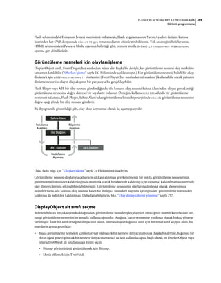284FLASH IÇIN ACTIONSCRIPT 3.0 PROGRAMLAMA
Görüntü programlama
Flash sekmesindeki Donanım İvmesi menüsünü kullanarak, Flash uygulamasının Yayın Ayarları iletişim kutusu
üzerinden her SWF dosyasında direct ve gpu ivme modlarını etkinleştirebilirsiniz. Yok seçeneğini belirlerseniz,
HTML sekmesindeki Pencere Modu ayarının belirttiği gibi, pencere modu default, transparent veya opaque,
ayarına geri döndürülür.
Görüntüleme nesneleri için olayları işleme
DisplayObject sınıfı, EventDispatcher sınıfından miras alır. Başka bir deyişle, her görüntüleme nesnesi olay modeline
tamamen katılabilir (“Olayları işleme” sayfa 243 bölümünde açıklanmıştır.) Her görüntüleme nesnesi, belirli bir olayı
dinlemek için addEventListener() yöntemini (EventDispatcher sınıfından miras alınır) kullanabilir ancak yalnızca
dinleme nesnesi o olayın olay akışının bir parçasıysa bu gerçekleşebilir.
Flash Player veya AIR bir olay nesnesi gönderdiğinde, söz konusu olay nesnesi Sahne Alanı'ndan olayın gerçekleştiği
görüntüleme nesnesine doğru dairesel bir seyahatte bulunur. Örneğin, kullanıcı child1 adında bir görüntüleme
nesnesini tıklatırsa, Flash Player, Sahne Alanı'ndan görüntüleme listesi hiyerarşisinde child1 görüntüleme nesnesine
doğru aşağı yönde bir olay nesnesi gönderir.
Bu diyagramda gösterildiği gibi, olay akışı kavramsal olarak üç aşamaya ayrılır:
Daha fazla bilgi için “Olayları işleme” sayfa 243 bölümünü inceleyin.
Görüntüleme nesnesi olaylarıyla çalışırken dikkate alınması gereken önemli bir nokta, görüntüleme nesnelerinin,
görüntüleme listesinden kaldırıldığında otomatik olarak bellekten de kaldırılıp (çöp toplama) kaldırılmaması üzerinde
olay dinleyicilerinin etki sahibi olabilmesidir. Görüntüleme nesnesinin olaylarına dinleyici olarak abone olmuş
nesneler varsa, söz konusu olay nesnesi halen bu dinleyici nesnelere başvuru içerdiğinden, görüntüleme listesinden
kaldırılsa da bellekten kaldırılmaz. Daha fazla bilgi için, bkz. “Olay dinleyicilerini yönetme” sayfa 257.
DisplayObject alt sınıfı seçme
Belirlenebilecek birçok seçenek olduğundan, görüntüleme nesneleriyle çalışırken vereceğiniz önemli kararlardan biri,
hangi görüntüleme nesnesini ne amaçla kullanacağınızdır. Aşağıda, karar vermenize yardımcı olacak birkaç yönerge
verilmiştir. İster bir sınıf örneğine ihtiyacınız olsun, isterse oluşturduğunuz sınıf için bir temel sınıf seçiyor olun, bu
önerilerin aynısı geçerlidir:
• Başka görüntüleme nesneleri için konteyner olabilecek bir nesneye ihtiyacınız yoksa (başka bir deyişle, bağımsız bir
ekran öğesi görevi görecek bir nesneye ihtiyacınız varsa), ne için kullanılacağına bağlı olarak bu DisplayObject veya
InteractiveObject alt sınıflarından birini seçin:
• Bitmap görüntüsünü görüntülemek için Bitmap.
• Metin eklemek için TextField.
Sahne Alanı
Üst Düğüm
Alt1 Düğüm Alt2 Düğüm
Yakalama
Aşaması
Köpürme
Aşaması
Hedefleme
Aşaması
 