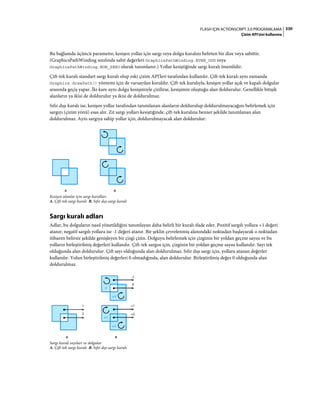 330FLASH IÇIN ACTIONSCRIPT 3.0 PROGRAMLAMA
Çizim API'sini kullanma
Bu bağlamda üçüncü parametre, kesişen yollar için sargı veya dolgu kuralını belirten bir dize veya sabittir.
(GraphicsPathWinding sınıfında sabit değerleri GraphicsPathWinding.EVEN_ODD veya
GraphicsPathWinding.NON_ZERO olarak tanımlanır.) Yollar kesiştiğinde sargı kuralı önemlidir.
Çift-tek kuralı standart sargı kuralı olup eski çizim API'leri tarafından kullanılır. Çift-tek kuralı aynı zamanda
Graphics.drawPath() yöntemi için de varsayılan kuraldır. Çift-tek kuralıyla, kesişen yollar açık ve kapalı dolgular
arasında geçiş yapar. İki kare aynı dolgu kesişimiyle çizilirse, kesişimin oluştuğu alan doldurulur. Genellikle bitişik
alanların ya ikisi de doldurulur ya ikisi de doldurulmaz.
Sıfır dışı kuralı ise, kesişen yollar tarafından tanımlanan alanların doldurulup doldurulmayacağını belirlemek için
sargıyı (çizim yönü) esas alır. Zıt sargı yolları kesiştiğinde, çift-tek kuralına benzer şekilde tanımlanan alan
doldurulmaz. Aynı sargıya sahip yollar için, doldurulmayacak alan doldurulur:
Kesişen alanlar için sargı kuralları
A. Çift-tek sargı kuralı B. Sıfır dışı sargı kuralı
Sargı kuralı adları
Adlar, bu dolguların nasıl yönetildiğini tanımlayan daha belirli bir kuralı ifade eder. Pozitif sargılı yollara +1 değeri
atanır; negatif sargılı yollara ise -1 değeri atanır. Bir şeklin çevrelenmiş alanındaki noktadan başlayarak o noktadan
itibaren belirsiz şekilde genişleyen bir çizgi çizin. Dolguyu belirlemek için çizginin bir yoldan geçme sayısı ve bu
yolların birleştirilmiş değerleri kullanılır. Çift-tek sargısı için, çizginin bir yoldan geçme sayısı kullanılır. Sayı tek
olduğunda alan doldurulur. Çift sayı olduğunda alan doldurulmaz. Sıfır dışı sargı için, yollara atanan değerler
kullanılır. Yolun birleştirilmiş değerleri 0 olmadığında, alan doldurulur. Birleştirilmiş değer 0 olduğunda alan
doldurulmaz.
Sargı kuralı sayıları ve dolgular
A. Çift-tek sargı kuralı B. Sıfır dışı sargı kuralı
A B
A B
 