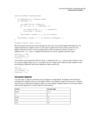 50FLASH IÇIN ACTIONSCRIPT 3.0 PROGRAMLAMA
ActionScript dili ve sözdizimi
function blockTest (testArray:Array)
{
var numElements:int = testArray.length;
if (numElements > 0)
{
var elemStr:String = "Element #";
for (var i:int = 0; i < numElements; i++)
{
var valueStr:String = i + ": " + testArray[i];
trace(elemStr + valueStr);
}
trace(elemStr, valueStr, i); // all still defined
}
trace(elemStr, valueStr, i); // all defined if numElements > 0
}
blockTest(["Earth", "Moon", "Sun"]);
Blok düzeyi kapsamı olmamasının işaret ettiği ilginç bir nokta, işlev sona ermeden değişken bildirildiği sürece, bir
değişken bildirilmeden o değişkene okuma ve yazma işlemi yapabilmenizdir. Bunun nedeni, derleyicinin tüm
değişken bildirimlerini işlevin en üstüne taşıdığını belirten, kaldırma adındaki bir tekniktir. Örneğin, num
değişkeninin ilk trace() işlevi, num değişkeni bildirilmeden önce olsa da, aşağıdaki kod derleme yapar:
trace(num); // NaN
var num:Number = 10;
trace(num); // 10
Ancak derleyici, atama deyimlerini kaldırmaz. Bu da, num değişkeninin ilk trace() işlevinin neden Number veri türü
için varsayılan değişken değeri olan NaN (sayı değil) sonucunu verdiğini açıklar. Başka bir deyişle, aşağıdaki örnekte
gösterildiği gibi, değişkenler bildirilmeden değişkenlere değer atayabilirsiniz:
num = 5;
trace(num); // 5
var num:Number = 10;
trace(num); // 10
Varsayılan değerler
Varsayılan değer, siz değerini ayarlamadan önce bir değişkenin içerdiği değerdir. Bir değişkenin ilk defa değerini
ayarladığınızda o değişkeni başlatırsınız. Bir değişkeni bildirir ancak değişkenin değerini ayarlamazsanız, o değişken
başlatılmamış olur. Başlatılmamış değişkenin değeri, veri türüne bağlıdır. Aşağıdaki tabloda, veri türüne göre organize
edilmiş şekilde değişkenlerin varsayılan değerleri açıklanmaktadır:
Veri türü Varsayılan değer
Boolean false
int 0
Number NaN
Object null
String null
 
