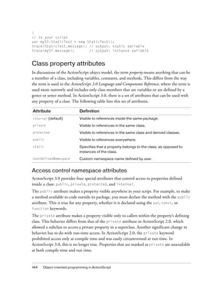 }
// In your script
var myST:StaticTest = new StaticTest();
trace(StaticTest.message); // output: static variable
trace(myST.message);       // output: instance variable


Class property attributes
In discussions of the ActionScript object model, the term property means anything that can be
a member of a class, including variables, constants, and methods. This differs from the way
the term is used in the ActionScript 3.0 Language and Components Reference, where the term is
used more narrowly and includes only class members that are variables or are defined by a
getter or setter method. In ActionScript 3.0, there is a set of attributes that can be used with
any property of a class. The following table lists this set of attributes.

Attribute                    Definition
internal (default)           Visible to references inside the same package.
private                      Visible to references in the same class.
protected                    Visible to references in the same class and derived classes.
public                       Visible to references everywhere.
static                       Specifies that a property belongs to the class, as opposed to
                             instances of the class.
UserDefinedNamespace         Custom namespace name defined by user.


Access control namespace attributes
ActionScript 3.0 provides four special attributes that control access to properties defined
inside a class: public, private, protected, and internal.
The public attribute makes a property visible anywhere in your script. For example, to make
a method available to code outside its package, you must declare the method with the public
attribute. This is true for any property, whether it is declared using the var, const, or
function keywords.

The private attribute makes a property visible only to callers within the property’s defining
class. This behavior differs from that of the private attribute in ActionScript 2.0, which
allowed a subclass to access a private property in a superclass. Another significant change in
behavior has to do with run-time access. In ActionScript 2.0, the private keyword
prohibited access only at compile time and was easily circumvented at run time. In
ActionScript 3.0, this is no longer true. Properties that are marked as private are unavailable
at both compile time and run time.


144   Object-oriented programming in ActionScript
 