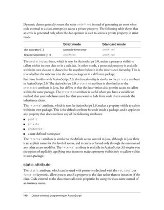 Dynamic classes generally return the value undefined instead of generating an error when
code external to a class attempts to access a private property. The following table shows that
an error is generated only when the dot operator is used to access a private property in strict
mode:

                                   Strict mode                     Standard mode
dot operator (.)                   compile-time error              undefined

bracket operator ([])              undefined                       undefined


The protected attribute, which is new for ActionScript 3.0, makes a property visible to
callers within its own class or in a subclass. In other words, a protected property is available
within its own class or to classes that lie anywhere below it in the inheritance hierarchy. This is
true whether the subclass is in the same package or in a different package.
For those familiar with ActionScript 2.0, this functionality is similar to the private attribute
in ActionScript 2.0. The ActionScript 3.0 protected attribute is also similar to the
protected attribute in Java, but differs in that the Java version also permits access to callers
within the same package. The protected attribute is useful when you have a variable or
method that your subclasses need but that you want to hide from code that is outside the
inheritance chain.
The internal attribute, which is new for ActionScript 3.0, makes a property visible to callers
within its own package. This is the default attribute for code inside a package, and it applies to
any property that does not have any of the following attributes:
■     public
■     private
■     protected
■     a user-defined namespace
The internal attribute is similar to the default access control in Java, although in Java there
is no explicit name for this level of access, and it can be achieved only through the omission of
any other access modifier. The internal attribute is available in ActionScript 3.0 to give you
the option of explicitly signifying your intent to make a property visible only to callers within
its own package.

static attribute
The static attribute, which can be used with properties declared with the var, const, or
function keywords, allows you to attach a property to the class rather than to instances of the
class. Code external to the class must call static properties by using the class name instead of
an instance name.


146     Object-oriented programming in ActionScript
 