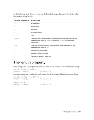 As the following table shows, you can use the backslash escape character () to define other
characters in string literals:

Escape sequence          Character
b                       Backspace
f                       Form feed
n                       Newline
r                       Carriage return
t                       Tab
unnnn                   The Unicode character with the character code specified by the
                         hexadecimal number nnnn; for example, u263a is the smiley
                         character.
xnn                     The ASCII character with the character code specified by the
                         hexadecimal number nn
'                       Single quotation mark
"                       Double quotation mark
                       Single backslash character



The length property
Every string has a length property, which is equal to the number of characters in the string:
var str:String = "Adobe";
trace(str.length);                   // output: 5

An empty string and a null string both have a length of 0, as the following example shows:
var str1:String = new String();
trace(str1.length);           // output: 0

str2:String = '';
trace(str2.length);                  // output: 0




                                                                      The length property   207
 