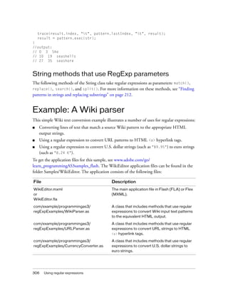 trace(result.index, "t", pattern.lastIndex, "t", result);
    result = pattern.exec(str);
}
//output:
// 0 3 She
// 10 19 seashells
// 27 35 seashore


String methods that use RegExp parameters
The following methods of the String class take regular expressions as parameters: match(),
replace(), search(), and split(). For more information on these methods, see “Finding
patterns in strings and replacing substrings” on page 212.


Example: A Wiki parser
This simple Wiki text conversion example illustrates a number of uses for regular expressions:
■   Converting lines of text that match a source Wiki pattern to the appropriate HTML
    output strings.
■   Using a regular expression to convert URL patterns to HTML <a> hyperlink tags.
■   Using a regular expression to convert U.S. dollar strings (such as "$9.95") to euro strings
    (such as "8.24 €").
To get the application files for this sample, see www.adobe.com/go/
learn_programmingAS3samples_flash. The WikiEditor application files can be found in the
folder Samples/WikiEditor. The application consists of the following files:

File                                          Description
WikiEditor.mxml                               The main application file in Flash (FLA) or Flex
or                                            (MXML).
WikiEditor.fla

com/example/programmingas3/                   A class that includes methods that use regular
regExpExamples/WikiParser.as                  expressions to convert Wiki input text patterns
                                              to the equivalent HTML output.

com/example/programmingas3/                   A class that includes methods that use regular
regExpExamples/URLParser.as                   expressions to convert URL strings to HTML
                                              <a> hyperlink tags.

com/example/programmingas3/                   A class that includes methods that use regular
regExpExamples/CurrencyConverter.as           expressions to convert U.S. dollar strings to
                                              euro strings.




306    Using regular expressions
 