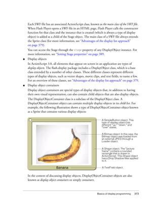 Each SWF file has an associated ActionScript class, known as the main class of the SWF file.
    When Flash Player opens a SWF file in an HTML page, Flash Player calls the constructor
    function for that class and the instance that is created (which is always a type of display
    object) is added as a child of the Stage object. The main class of a SWF file always extends
    the Sprite class (for more information, see “Advantages of the display list approach”
    on page 379).
    You can access the Stage through the stage property of any DisplayObject instance. For
    more information, see “Setting Stage properties” on page 389.
■   Display objects
    In ActionScript 3.0, all elements that appear on screen in an application are types of
    display objects. The flash.display package includes a DisplayObject class, which is a base
    class extended by a number of other classes. These different classes represent different
    types of display objects, such as vector shapes, movie clips, and text fields, to name a few.
    For an overview of these classes, see “Advantages of the display list approach” on page 379.
■   Display object containers
    Display object containers are special types of display objects that, in addition to having
    their own visual representation, can also contain child objects that are also display objects.
    The DisplayObjectContainer class is a subclass of the DisplayObject class. A
    DisplayObjectContainer object can contain multiple display objects in its child list. For
    example, the following illustration shows a type of DisplayObjectContainer object known
    as a Sprite that contains various display objects:

                                                                  A SimpleButton object. This
                                                                  type of display object has
                                                                  different “up,” “down,” and
                                                                  “over” states.

                                                                  A Bitmap object. In this case, the
                                                                  Bitmap object was loaded from
                                                                  an external JPEG through a
                                                                  Loader object.


                                                                  A Shape object. The “picture
                                                                  frame” contains a rounded
                                                                  rectangle that is drawn in
                                                                  ActionScript. This Shape object
                                                                  has a Drop Shadow filter applied
                                                                  to it.

                                                                  A TextField object.


    In the context of discussing display objects, DisplayObjectContainer objects are also
    known as display object containers or simply containers.



                                                              Basics of display programming     373
 
