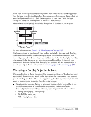 When Flash Player dispatches an event object, that event object makes a round-trip journey
from the Stage to the display object where the event occurred. For example, if a user clicks on
a display object named child1, Flash Player dispatches an event object from the Stage
through the display list hierarchy down to the child1 display object.
The event flow is conceptually divided into three phases, as illustrated in this diagram:

                 Stage

    Capture                  Bubbling
     Phase                    Phase
               Parent Node




               Child1 Node              Child2 Node

              Target Phase

For more information, see Chapter 10, “Handling events,” on page 313.
One important issue to keep in mind when working with display object events is the effect
that event listeners can have on whether display objects are automatically removed from
memory (garbage collected) when they’re removed from the display list. If a display object has
objects subscribed as listeners to its events, that display object will not be removed from
memory even when it’s removed from the display list, because it will still have references to
those listener objects. For more information, see “Managing event listeners” on page 331.


Choosing a DisplayObject subclass
With several options to choose from, one of the important decisions you’ll make when you’re
working with display objects is which display object to use for what purpose. Here are some
guidelines to help you decide. These same suggestions apply whether you need an instance of
a class or you’re choosing a base class for a class you’re creating:
■    If you don’t need an object that can be a container for other display objects (that is, you
     just need one that serves as a stand-alone screen element), choose one of these
     DisplayObject or InteractiveObject subclasses, depending on what it will be used for:
     ■   Bitmap for displaying a bitmap image.
     ■   TextField for adding text.
     ■   Video for displaying video.




                                                                 Working with display objects   393
 