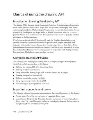 Basics of using the drawing API

Introduction to using the drawing API
The drawing API is the name for the functionality built into ActionScript that allows you to
create vector graphics—lines, curves, shapes, fills, and gradients—and display them on the
screen using ActionScript. The flash.display.Graphics class provides this functionality. You can
draw with ActionScript on any Shape, Sprite, or MovieClip instance, using the graphics
property defined in each of those classes. (Each of those classes’ graphics property is in fact
an instance of the Graphics class.)
If you’re just getting started with drawing with code, the Graphics class includes several
methods that make it easy to draw common shapes like circles, ellipses, rectangles, and
rectangles with rounded corners. You can draw them as empty lines or filled shapes. When
you need more advanced functionality, the Graphics class also includes methods for drawing
lines and quadratic Bézier curves, which you can use in conjunction with the trigonometry
functions in the Math class to create any shape you need.


Common drawing API tasks
The following tasks are things you’ll likely want to accomplish using the drawing API in
ActionScript, which are described in this chapter:
■   Defining line styles and fill styles for drawing shapes
■   Drawing straight lines and curves
■   Using methods for drawing shapes such as circles, ellipses, and rectangles
■   Drawing with gradient lines and fills
■   Defining a matrix for creating a gradient
■   Using trigonometry with the drawing API
■   Incorporating the drawing API into animation


Important concepts and terms
The following reference list contains important terms that you will encounter in this chapter:
■   Anchor point: One of the two end points of a quadratic Bézier curve.
■   Control point: The point that defines the direction and amount of curve of a quadratic
    Bézier curve. The curved line never reaches the control point; however, the line curves as
    though being drawn toward the control point.



448   Using the drawing API
 