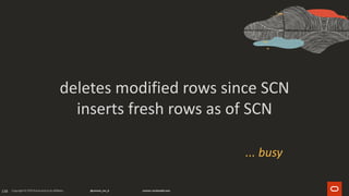 138
deletes modified rows since SCN
inserts fresh rows as of SCN
... busy
 