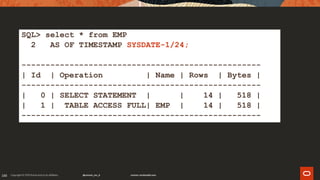188
SQL> select * from EMP
2 AS OF TIMESTAMP SYSDATE-1/24;
--------------------------------------------------
| Id | Operation | Name | Rows | Bytes |
--------------------------------------------------
| 0 | SELECT STATEMENT | | 14 | 518 |
| 1 | TABLE ACCESS FULL| EMP | 14 | 518 |
--------------------------------------------------
 