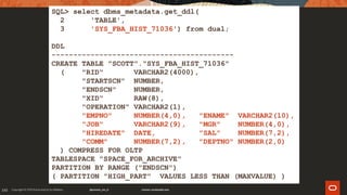 193
SQL> select dbms_metadata.get_ddl(
2 'TABLE',
3 'SYS_FBA_HIST_71036') from dual;
DDL
------------------------------------------
CREATE TABLE "SCOTT"."SYS_FBA_HIST_71036"
( "RID" VARCHAR2(4000),
"STARTSCN" NUMBER,
"ENDSCN" NUMBER,
"XID" RAW(8),
"OPERATION" VARCHAR2(1),
"EMPNO" NUMBER(4,0), "ENAME" VARCHAR2(10),
"JOB" VARCHAR2(9), "MGR" NUMBER(4,0),
"HIREDATE" DATE, "SAL" NUMBER(7,2),
"COMM" NUMBER(7,2), "DEPTNO" NUMBER(2,0)
) COMPRESS FOR OLTP
TABLESPACE "SPACE_FOR_ARCHIVE"
PARTITION BY RANGE ("ENDSCN")
( PARTITION "HIGH_PART" VALUES LESS THAN (MAXVALUE) )
 