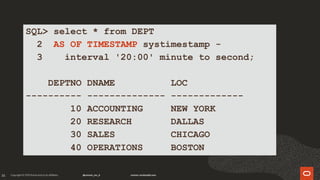 35
SQL> select * from DEPT
2 AS OF TIMESTAMP systimestamp -
3 interval '20:00' minute to second;
DEPTNO DNAME LOC
---------- -------------- -------------
10 ACCOUNTING NEW YORK
20 RESEARCH DALLAS
30 SALES CHICAGO
40 OPERATIONS BOSTON
 