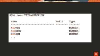 SQL> desc V$TRANSACTION
Name Null? Type
----------------------------- -------- -------
XIDUSN NUMBER
XIDSLOT NUMBER
XIDSQN NUMBER
...
 