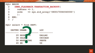 SQL> BEGIN
2 DBMS_FLASHBACK.TRANSACTION_BACKOUT(
3 numtxns => 1,
4 xids => sys.xid_array('080017006C040000')
5 );
6 END;
7 /
SQL> select * from DEPT;
DEPTNO DNAME LOC
---------- -------------- ----------
20 RESEARCH DALLAS
30 SALES CHICAGO
50 MARKETING PERTH
40 HR US
 